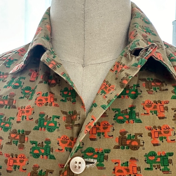 Vintage 1950s Train Print Button Up Short Sleeve Shirt - Picture 6 of 9